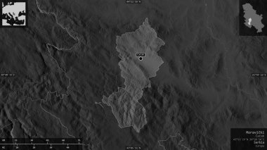 Moravicki, Sırbistan bölgesi. Gölleri ve nehirleri olan gri tonlu bir harita. Ülke alanına karşı bilgilendirici örtülerle sunulan şekil. 3B görüntüleme