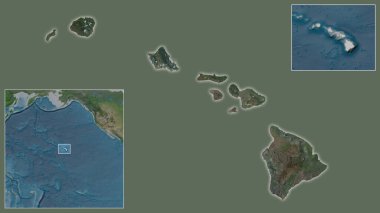 Amerika Birleşik Devletleri 'ne yakın plan Hawaii' ye ve bölgedeki konumuna ve geniş çaplı bir dünya haritasının merkezine. Uydu görüntüleri