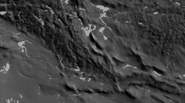 Hovd, Moğolistan vilayeti. Gölleri ve nehirleri olan gri tonlu bir harita. Ülke alanına göre şekillendirilmiş. 3B görüntüleme
