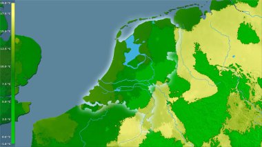 Efsanevi stereografik projeksiyonda Hollanda 'nın en sıcak çeyreğinin ortalama sıcaklığı - ışık saçan ana hatlı raster tabakalarının ham bileşimi