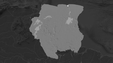 Surinam 'ın, çevresinin doyumsuz haritasında sermaye noktasının vurgulandığı bölge. Çift seviyeli yükseklik haritası