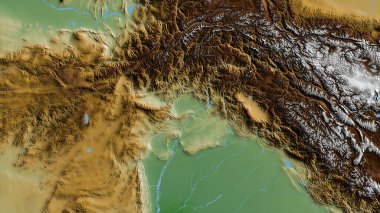 N.W.F.P., Pakistan eyaleti. Gölleri ve nehirleri olan renkli gölge verileri. Ülke alanına göre şekillendirilmiş. 3B görüntüleme