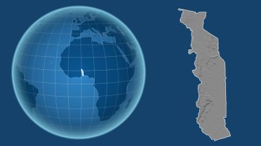 Togo. Yakınlaştırılmış haritaya karşı ülkenin şekline sahip dünya mavi arka planda izole edilmiş. Gri tonlama yükseklik haritası