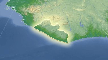 Liberya ve mahallesi. Uzak eğimli perspektif - şekil parlıyordu. renk fiziksel haritası