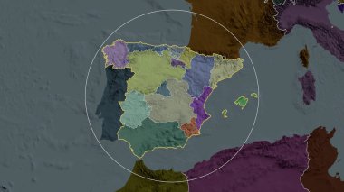 İspanya yakınlaştı ve daire içine alındı. İdari bölümün renkli ve çarpık haritası. 3B görüntüleme