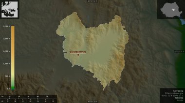 Covasna, Romanya Bölgesi. Gölleri ve nehirleri olan renkli gölge verileri. Ülke alanına karşı bilgilendirici örtülerle sunulan şekil. 3B görüntüleme