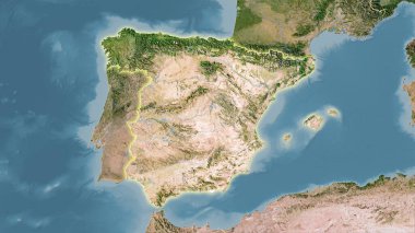 Stereografik projeksiyondaki C uydusundaki İspanya bölgesi - ışık saçan dış hatlı raster tabakalarının ham bileşimi