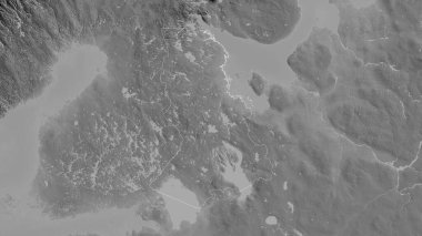 Karelia, Rusya Cumhuriyeti. Gölleri ve nehirleri olan gri tonlu bir harita. Ülke alanına göre şekillendirilmiş. 3B görüntüleme