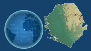 Sierra Leone. Yakınlaştırılmış haritaya karşı ülkenin şekline sahip dünya mavi arka planda izole edilmiş. topografik yardım haritası