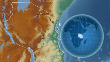 Tanzanya 'da. Zoom haritasına karşı ülkenin şekline sahip bir dünya. topografik yardım haritası