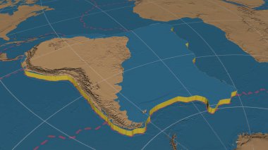 Güney Amerika tektonik plakası genişledi ve Azimuthal Equidistance projeksiyonunda kenarları kesik küresel gri ölçekli yükselme haritasını çıkardı. 3B görüntüleme