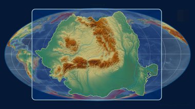 Romanya 'nın Mollweide projeksiyonundaki küresel bir haritaya karşı perspektif çizgileriyle yakınlaştırılmış hali. Şekil merkezli. topografik yardım haritası