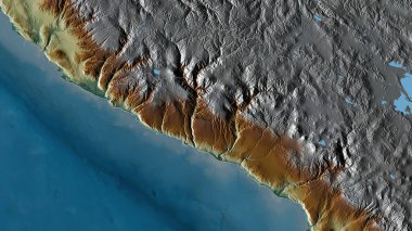 Arequipa, region of Peru. Colored relief with lakes and rivers. Shape outlined against its country area. 3D rendering clipart