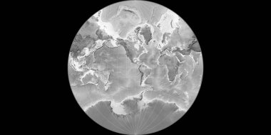 Lambert-Lagrange projeksiyonundaki dünya haritası 90 Batı boylamına odaklı. Gri tonlama yükseklik haritası. Raster 'ın ham bileşimi. 3B illüstrasyon