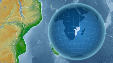 Mozambik 'te. Zoom haritasına karşı ülkenin şekline sahip bir dünya. renk fiziksel haritası