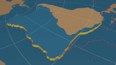 Güney Amerika tektonik plakası genişlemiş, dışa savrulmuş ve sadece küresel şekillerin kuzey tarafına çevrilmiş - Azimuthal Equidistance projeksiyonunda karadan / okyanus maskesi ve kesik levhalar kenarları. 3B görüntüleme
