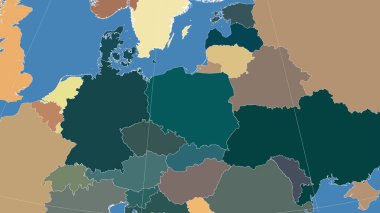 Polonya ve komşuları. Uzak eğimli perspektif - özet yok. idari bölümlerin renk haritası