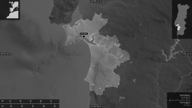 Setubal, Portekiz bölgesi. Gölleri ve nehirleri olan gri tonlu bir harita. Ülke alanına karşı bilgilendirici örtülerle sunulan şekil. 3B görüntüleme