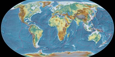 Robinson projeksiyonundaki dünya haritası 11 doğu boylamına odaklı. Topografik kabartma haritası - gratikül ve tektonik plakalar kenarlı raster bileşimi. 3B illüstrasyon