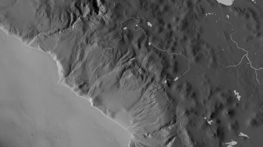 Tacna, Peru bölgesi. Gölleri ve nehirleri olan gri tonlu bir harita. Ülke alanına göre şekillendirilmiş. 3B görüntüleme