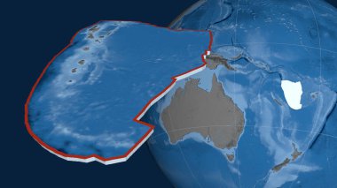 Yeni Hebrides tektonik plakası çıkarıldı ve dünyaya karşı sunuldu. topoğrafya ve batimetri renkli yükseklik haritası. 3B görüntüleme