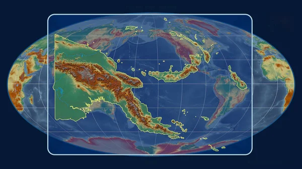 Zoomed Widok Papui Zarys Linii Perspektywy Wobec Globalnej Mapy Projekcji — Zdjęcie stockowe