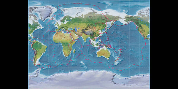 Карта мира в цилиндрической проекции Миллера сосредоточена на 90 восточной долготе. Основные физиографические особенности ландшафта - композитный растровый материал с границами градиентных и тектонических плит. 3D иллюстрация