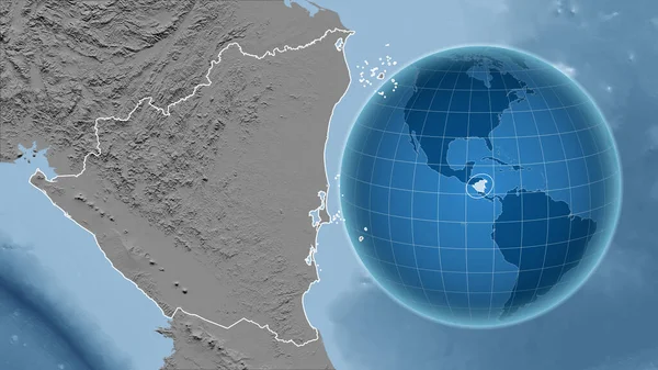 Nicaragua Globo Con Forma Del Paese Contro Mappa Ingrandita Con — Foto Stock