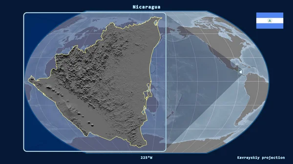 Увеличенный Вид Никарагуа Перспективными Линиями Против Глобальной Карты Каврайской Проекции — стоковое фото