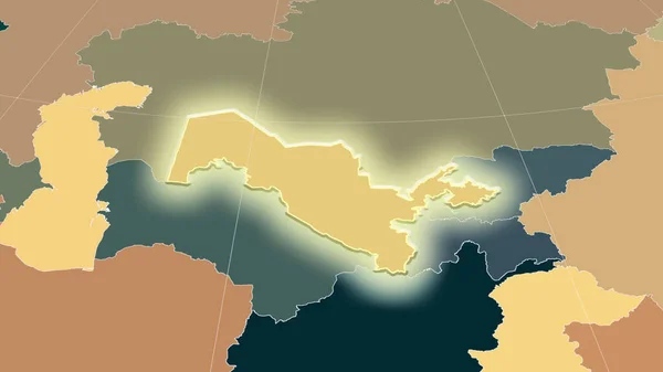 Uzbekistan and its neighborhood. Distant oblique perspective - shape glowed. color map of administrative divisions