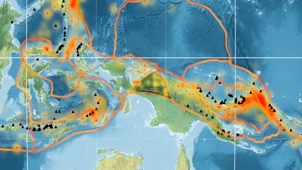 Maoke Tektonický Štítek Nastíněný Globální Topografické Mapě Projekci Kavrayskiy Vykreslování — Stock fotografie