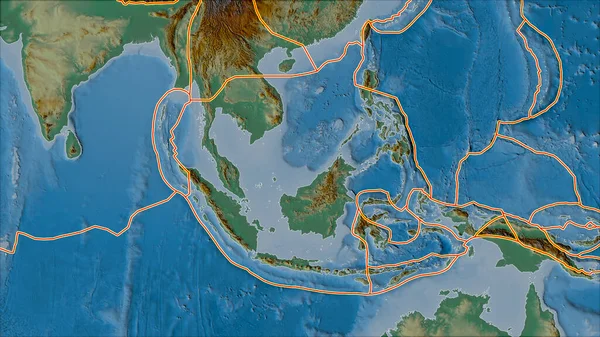 Tectonic plates borders on the relief map of areas adjacent to the Sunda plate area. Van der Grinten I projection (oblique transformation)