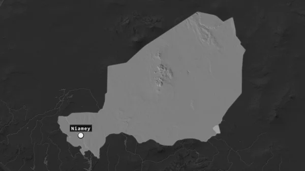 ニジェールのハイライトエリアで 首都とその周辺の地図上のラベルが付いています 標高マップ — ストック写真