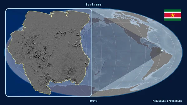 Увеличенный Вид Суринама Перспективными Линиями Против Глобальной Карты Проекции Моллвейда — стоковое фото