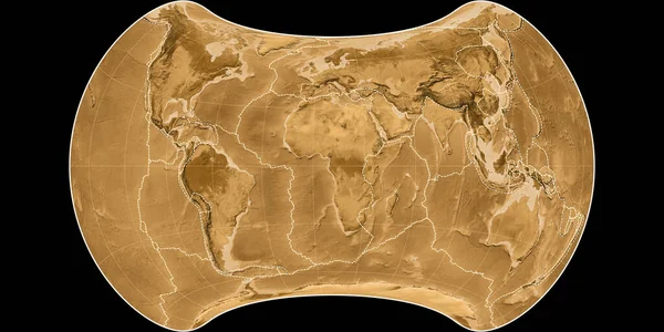 流经等高线投影的世界地图以东经11度为中心 塞皮亚浅色的高程图 具有满意和构造板块边界的栅格组合物 3D插图 — 图库照片