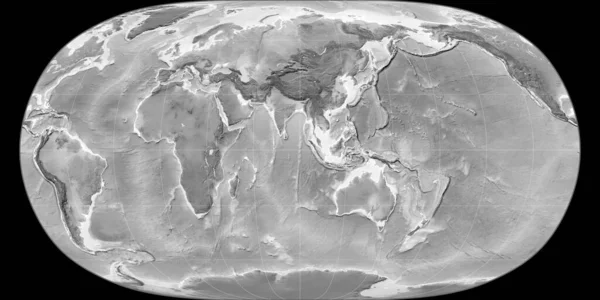 東経90度を中心とした自然地球の投影における世界地図 グレースケール標高地図 グレースケールとラスターの生の複合体 3Dイラスト — ストック写真