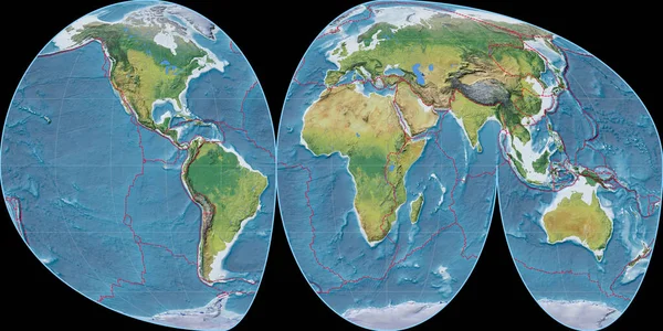 Světová Mapa Mollweide Kontinenty Soustřeďuje Východní Délky Hlavní Fyziografické Krajinné — Stock fotografie
