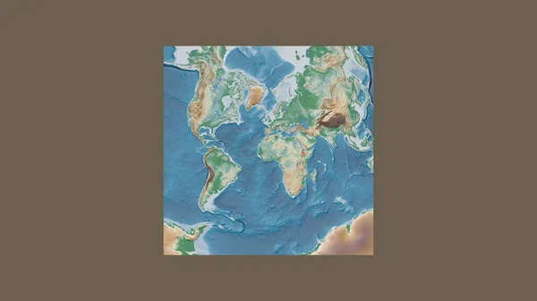 Square frame of the large-scale map of the world in an oblique Van der Grinten projection centered on the territory of Mali. Color physical map
