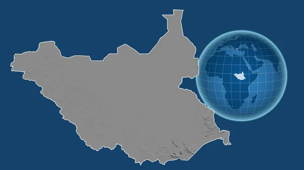 南苏丹 与缩放地图相对照的国家形状的球体 其轮廓在蓝色背景上孤立 灰度高程图 — 图库照片
