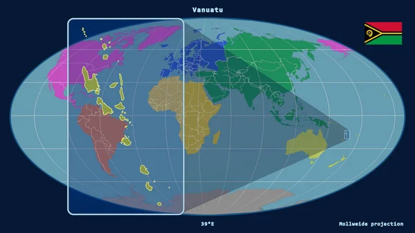 Nagyítás Vanuatu Perspektívákkal Mollweide Kivetítés Globális Térképével Szemben Alakzat Bal — Stock Fotó