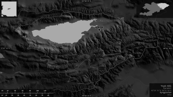 Ysyk Kol Provincia Kirguistán Mapa Escala Grises Con Lagos Ríos — Foto de Stock