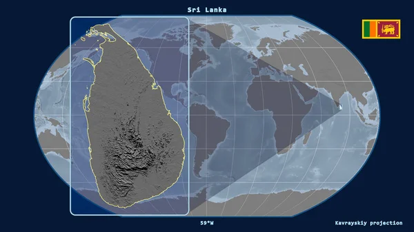 Vergrößerte Ansicht Sri Lankas Mit Perspektivischen Linien Gegen Eine Weltkarte — Stockfoto