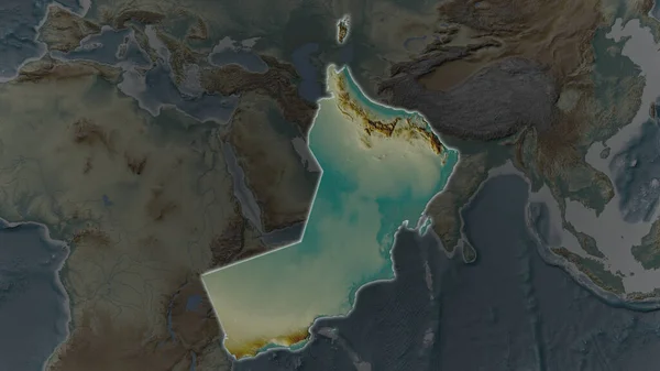 Оманський Район Розширився Засвітився Темному Тлі Його Околиць Карта Допомоги — стокове фото