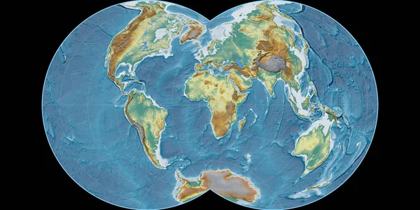 마우러 투영의 지도는 경도를 중심으로 있었다 지형학적 Topographic Relief Map — 스톡 사진