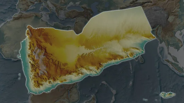 Área Yemen Agrandó Brilló Sobre Fondo Oscuro Sus Alrededores Mapa — Foto de Stock