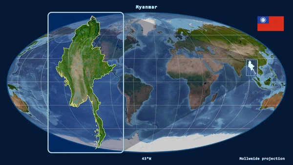 Vergrößerte Ansicht Von Myanmar Mit Perspektivischen Linien Gegen Eine Weltkarte — Stockfoto