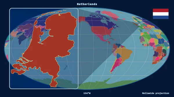 Увеличенный Вид Нидерландов Перспективными Линиями Против Глобальной Карты Проекции Моллвейда — стоковое фото