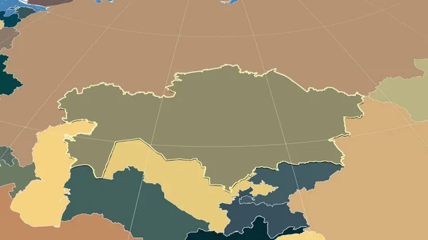 Kazachstán Jeho Okolí Vzdálená Šikmá Perspektiva Obrys Barevná Mapa Rozdělení — Stock fotografie