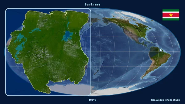 Увеличенный Вид Суринама Перспективными Линиями Против Глобальной Карты Проекции Моллвейда — стоковое фото