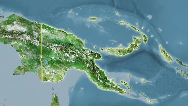 卫星D地图上的巴布亚新几内亚地区立体投影 具有发光轮廓的栅格层的原始组成 — 图库照片
